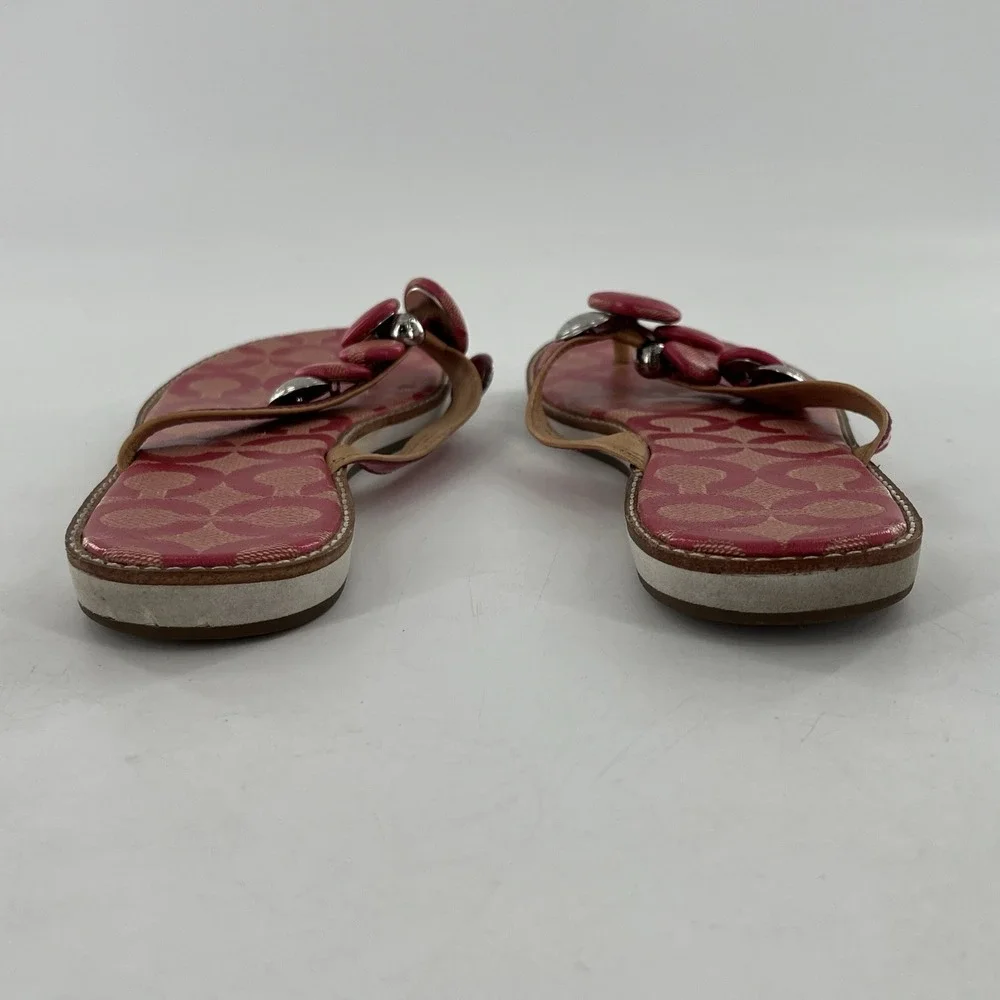 Coach Womens Signature Coated Canvas‎ Flip Flop Thong Patent Button Melon 8.5